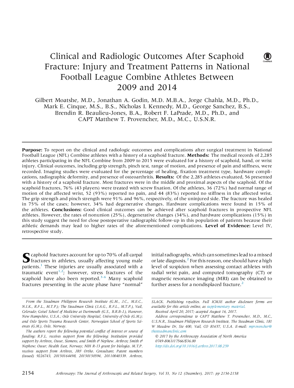 Clinical and Radiologic Outcomes After Scaphoid Fracture: Injury and Treatment Patterns in National Football League Combine Athletes Between 2009 and 2014