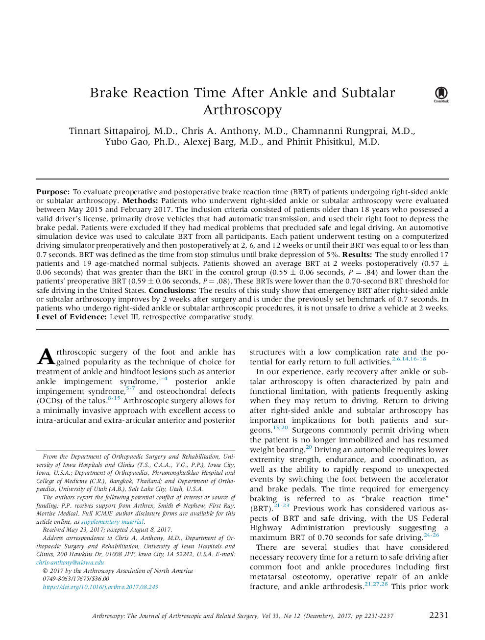 Brake Reaction Time After Ankle and Subtalar Arthroscopy