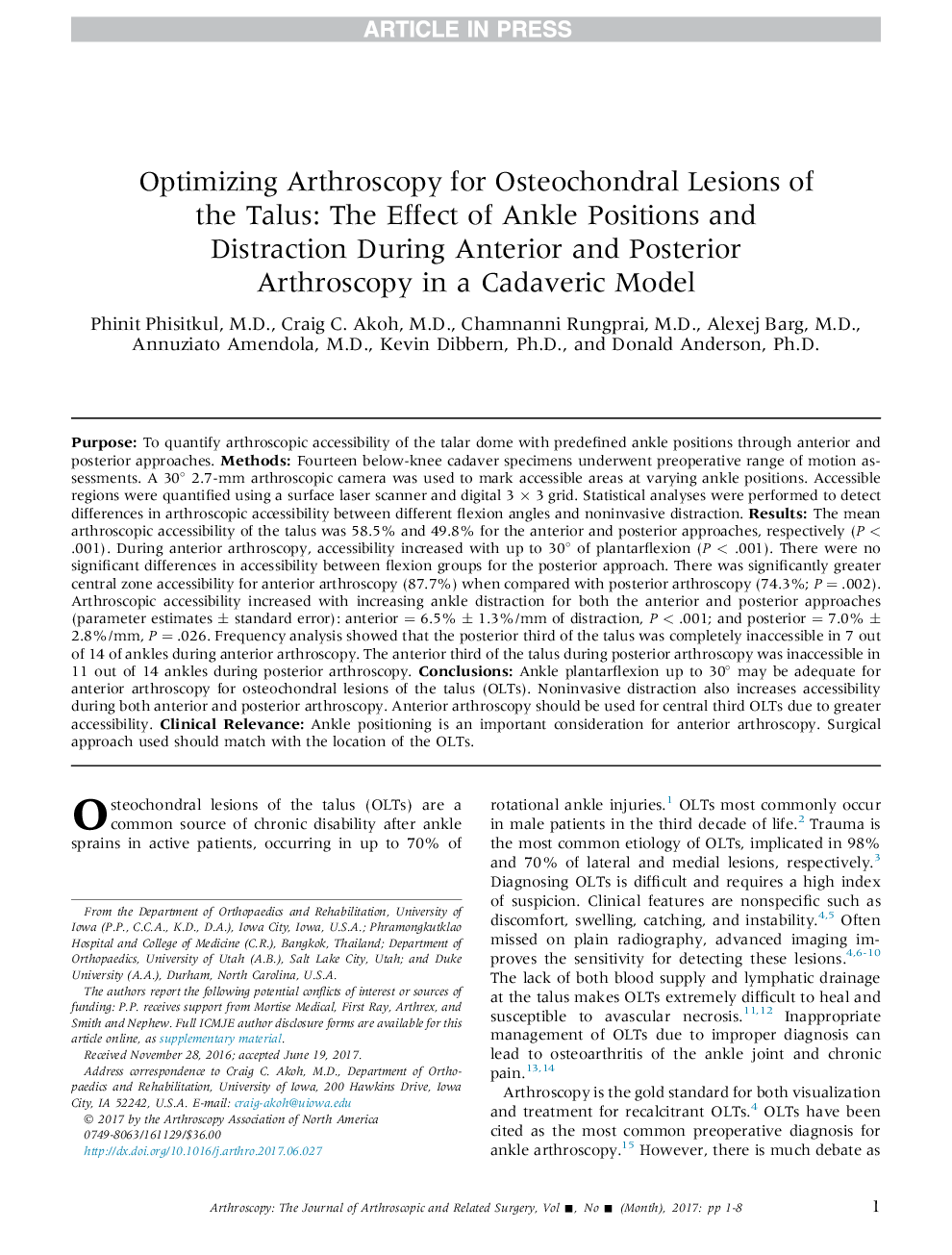 Optimizing Arthroscopy for Osteochondral Lesions of the Talus: The Effect of Ankle Positions and Distraction During Anterior and Posterior Arthroscopy in a Cadaveric Model