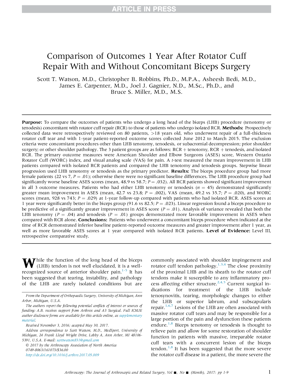 Comparison of Outcomes 1Â Year After Rotator Cuff Repair With and Without Concomitant Biceps Surgery