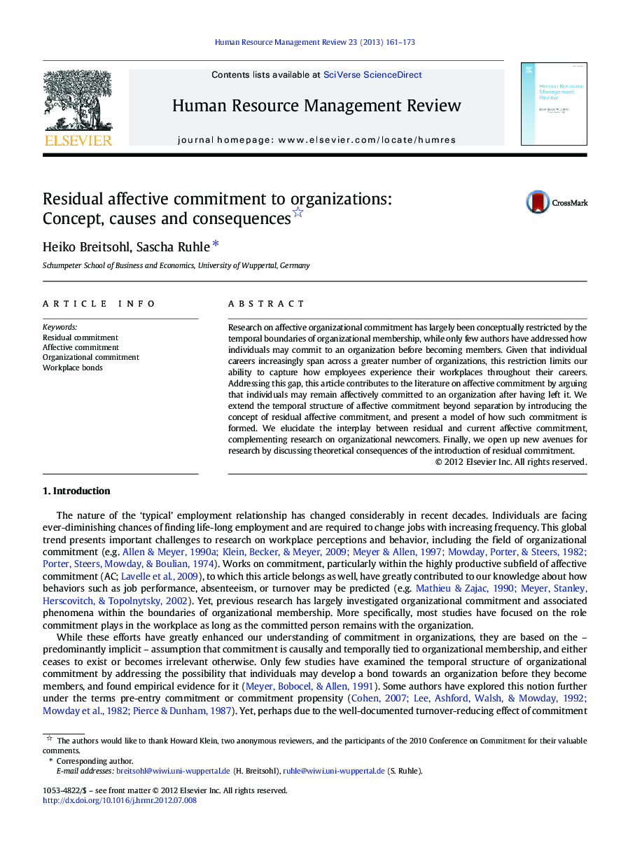 Residual affective commitment to organizations: Concept, causes and consequences 