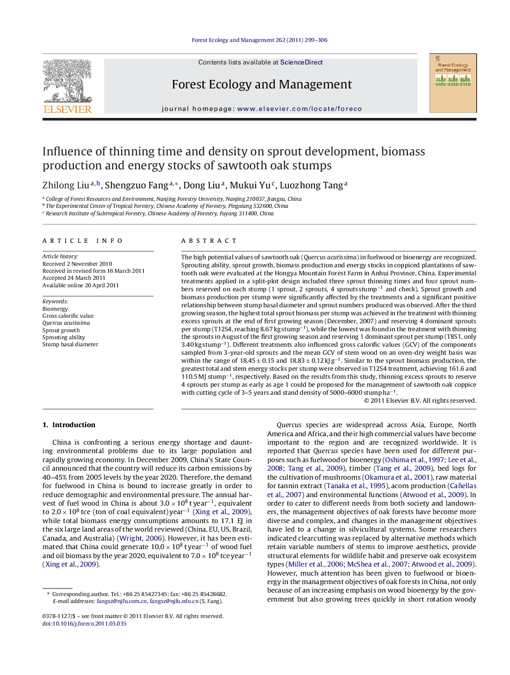 Influence of thinning time and density on sprout development, biomass production and energy stocks of sawtooth oak stumps