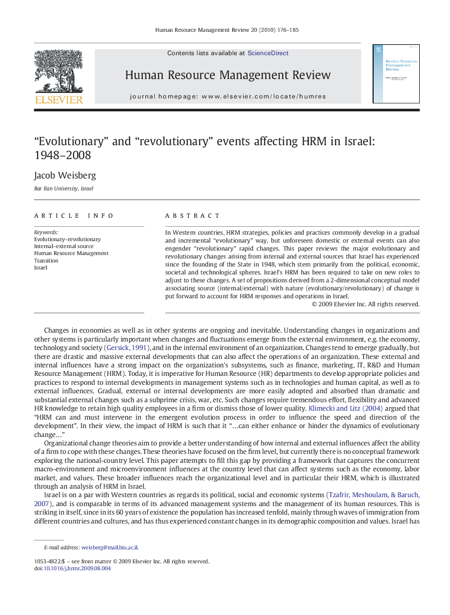 “Evolutionary” and “revolutionary” events affecting HRM in Israel: 1948–2008