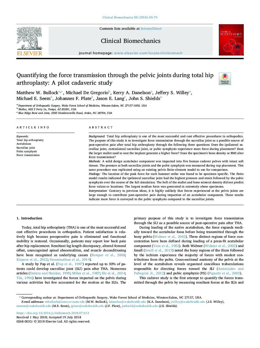 Quantifying the force transmission through the pelvic joints during total hip arthroplasty: A pilot cadaveric study