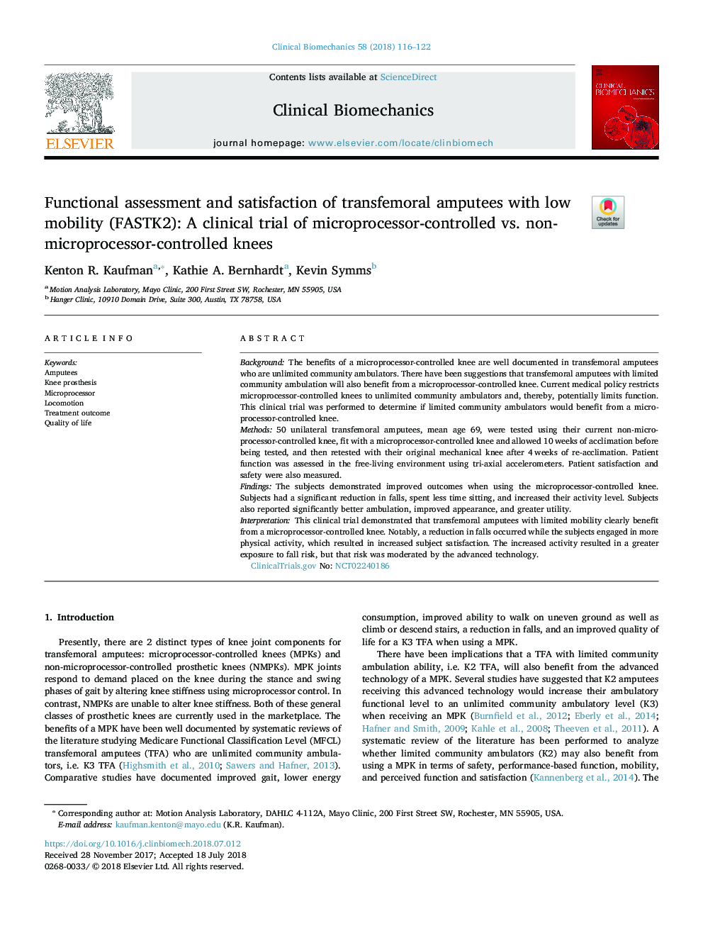 Functional assessment and satisfaction of transfemoral amputees with low mobility (FASTK2): A clinical trial of microprocessor-controlled vs. non-microprocessor-controlled knees