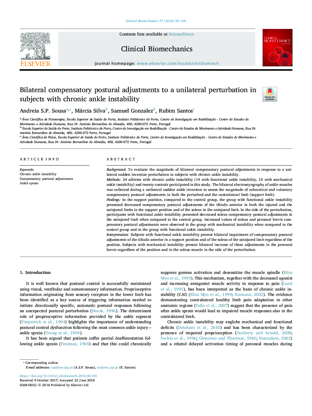 Bilateral compensatory postural adjustments to a unilateral perturbation in subjects with chronic ankle instability