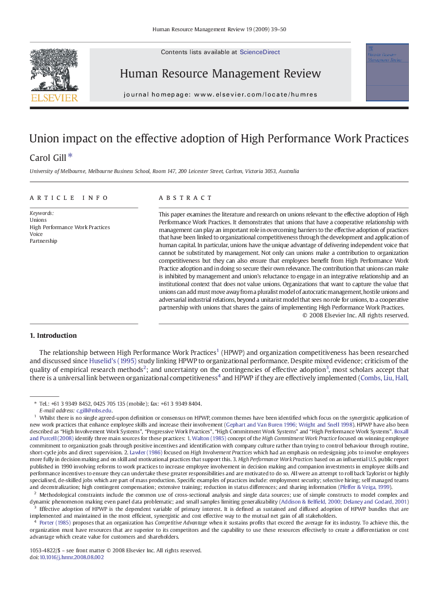 Union impact on the effective adoption of High Performance Work Practices