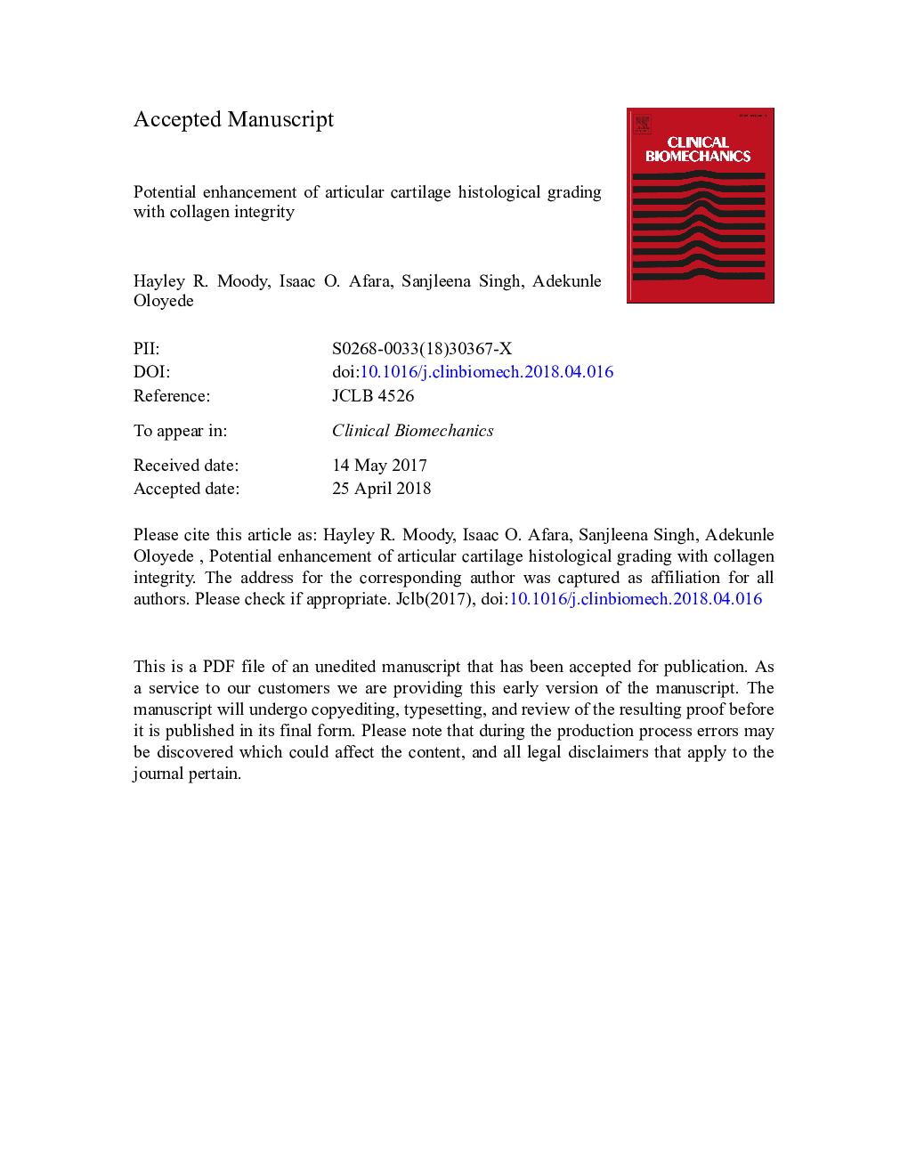 Potential enhancement of articular cartilage histological grading with collagen integrity