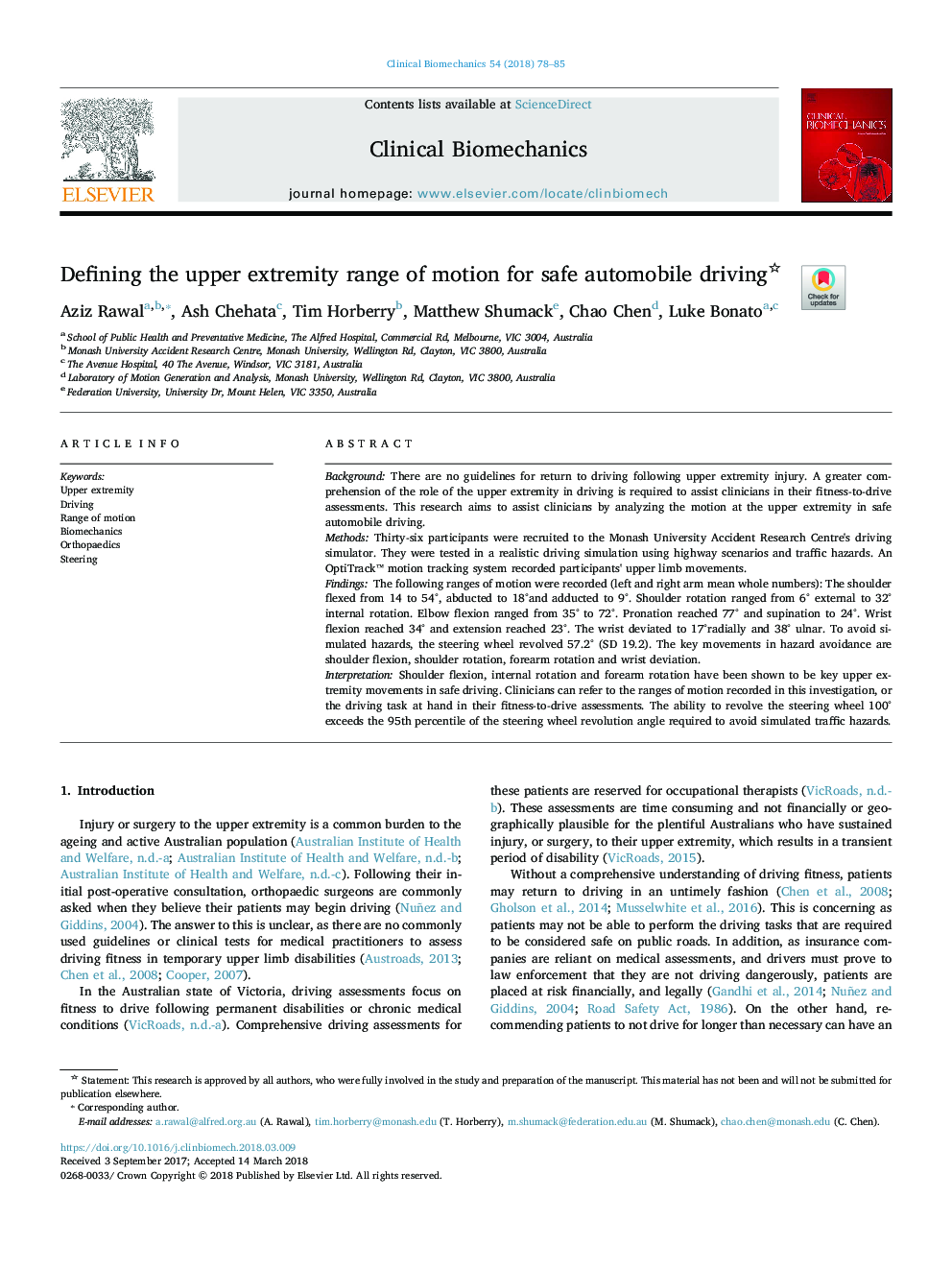 Defining the upper extremity range of motion for safe automobile driving