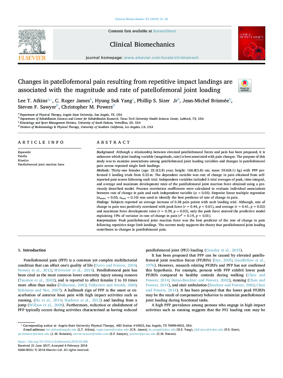 Changes in patellofemoral pain resulting from repetitive impact landings are associated with the magnitude and rate of patellofemoral joint loading