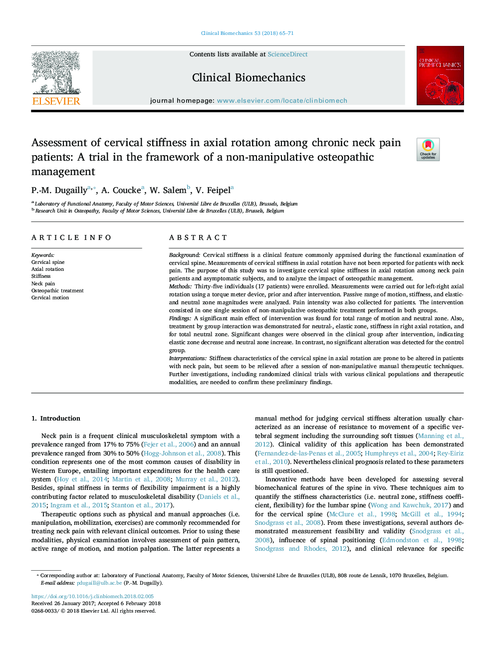 Assessment of cervical stiffness in axial rotation among chronic neck pain patients: A trial in the framework of a non-manipulative osteopathic management