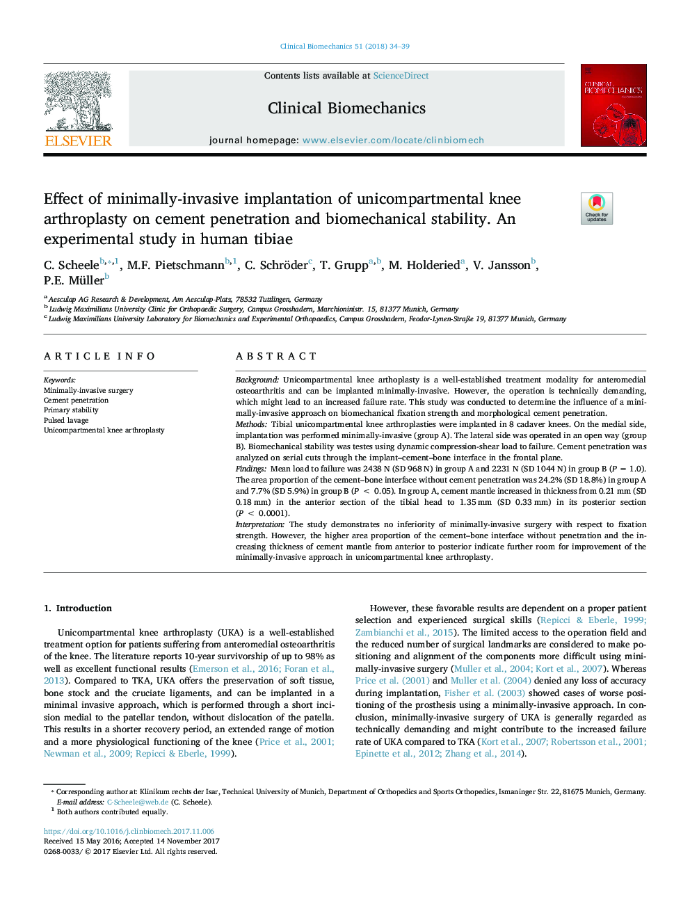 Effect of minimally-invasive implantation of unicompartmental knee arthroplasty on cement penetration and biomechanical stability. An experimental study in human tibiae