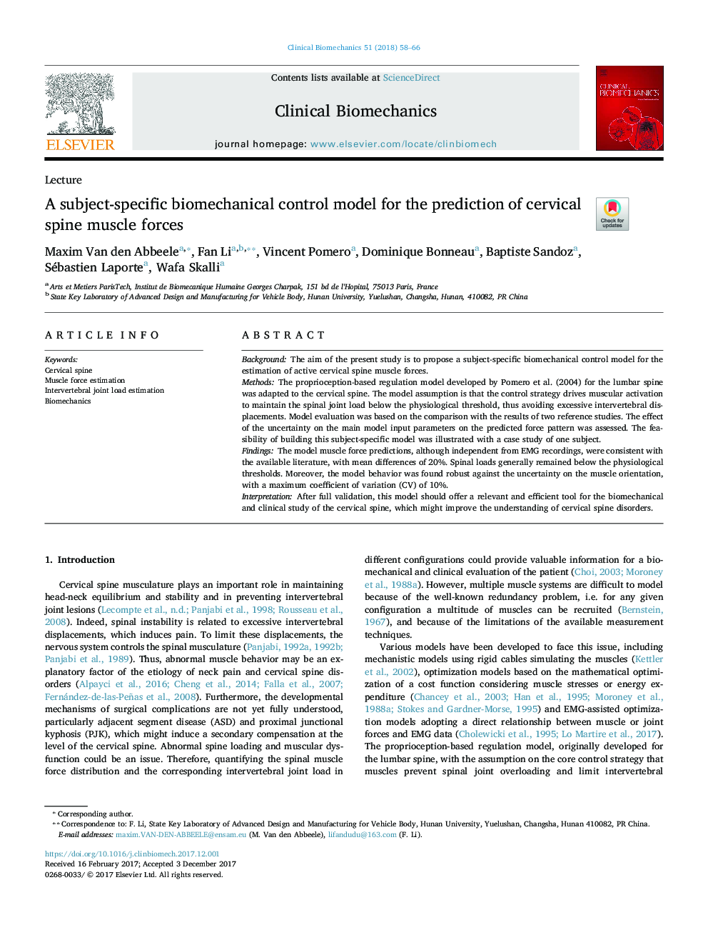 A subject-specific biomechanical control model for the prediction of cervical spine muscle forces