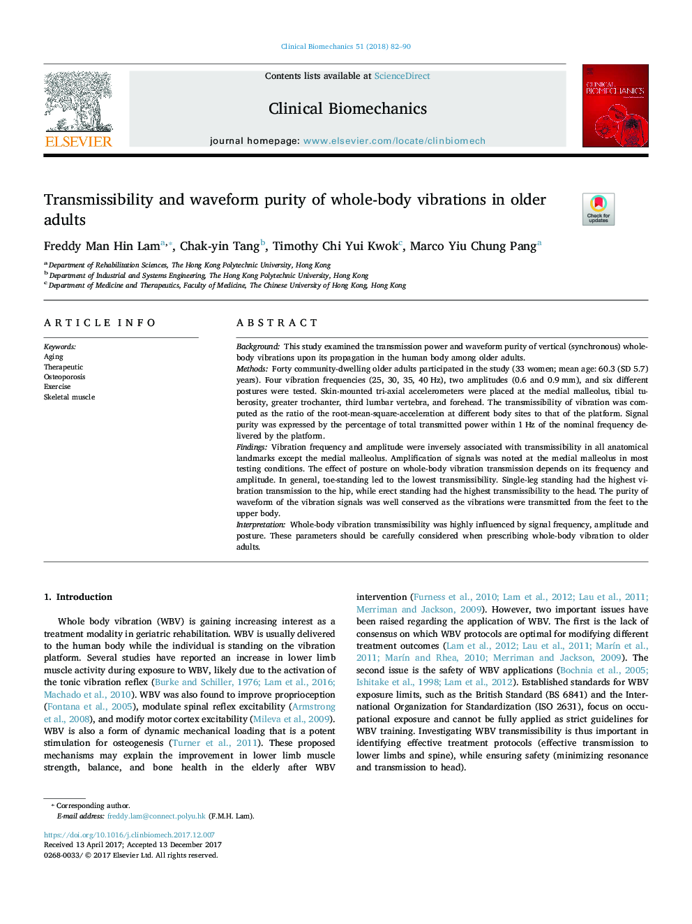 Transmissibility and waveform purity of whole-body vibrations in older adults