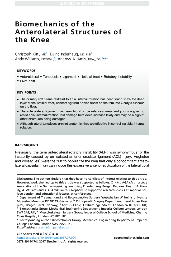 Biomechanics of the Anterolateral Structures of the Knee