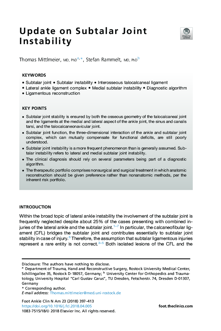 Update on Subtalar Joint Instability