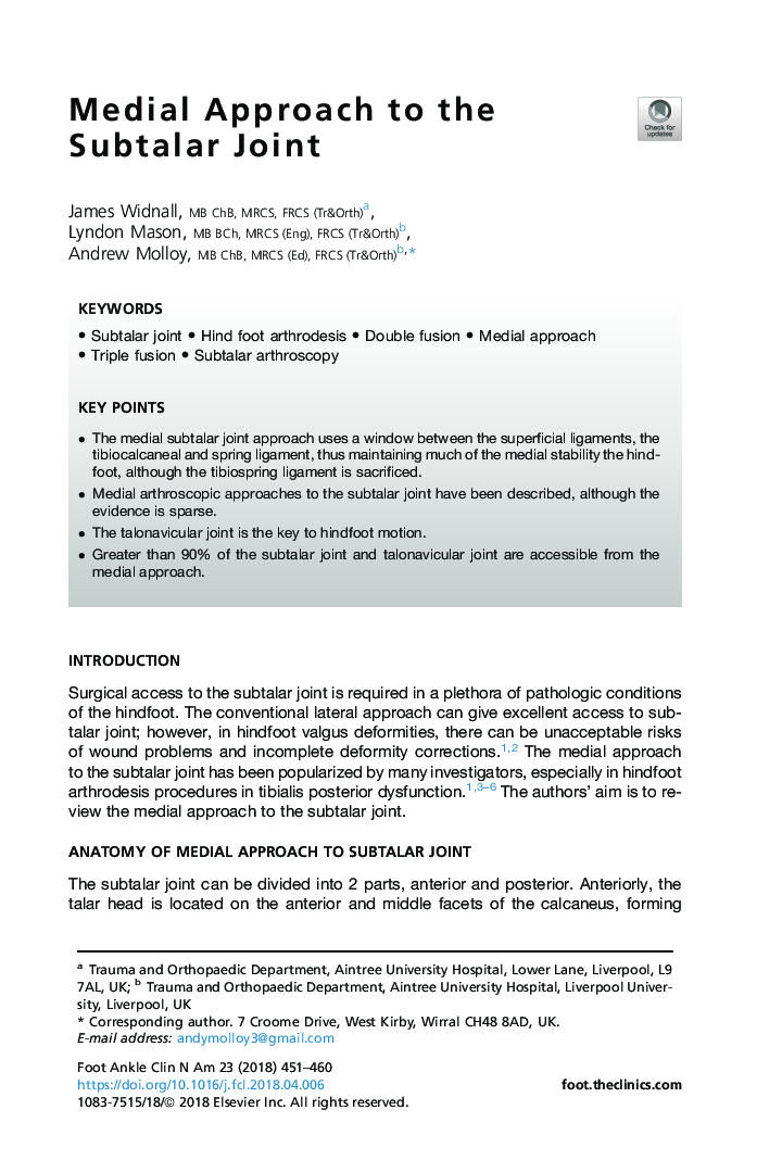 Medial Approach to the Subtalar Joint