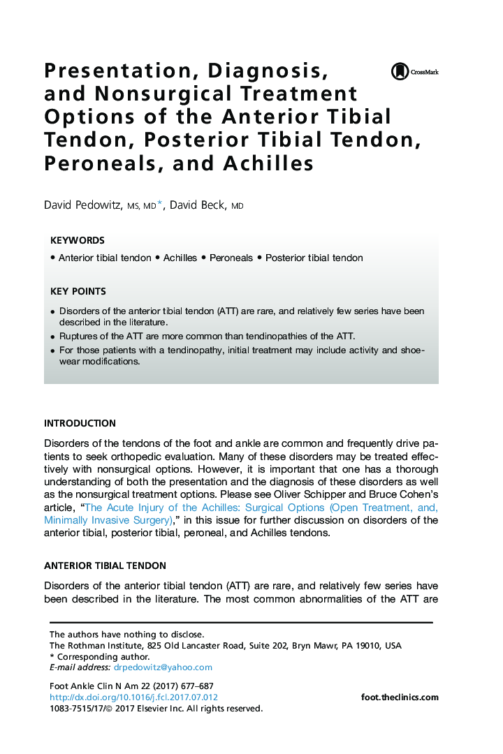 Presentation, Diagnosis, and Nonsurgical Treatment Options of the Anterior Tibial Tendon, Posterior Tibial Tendon, Peroneals, and Achilles