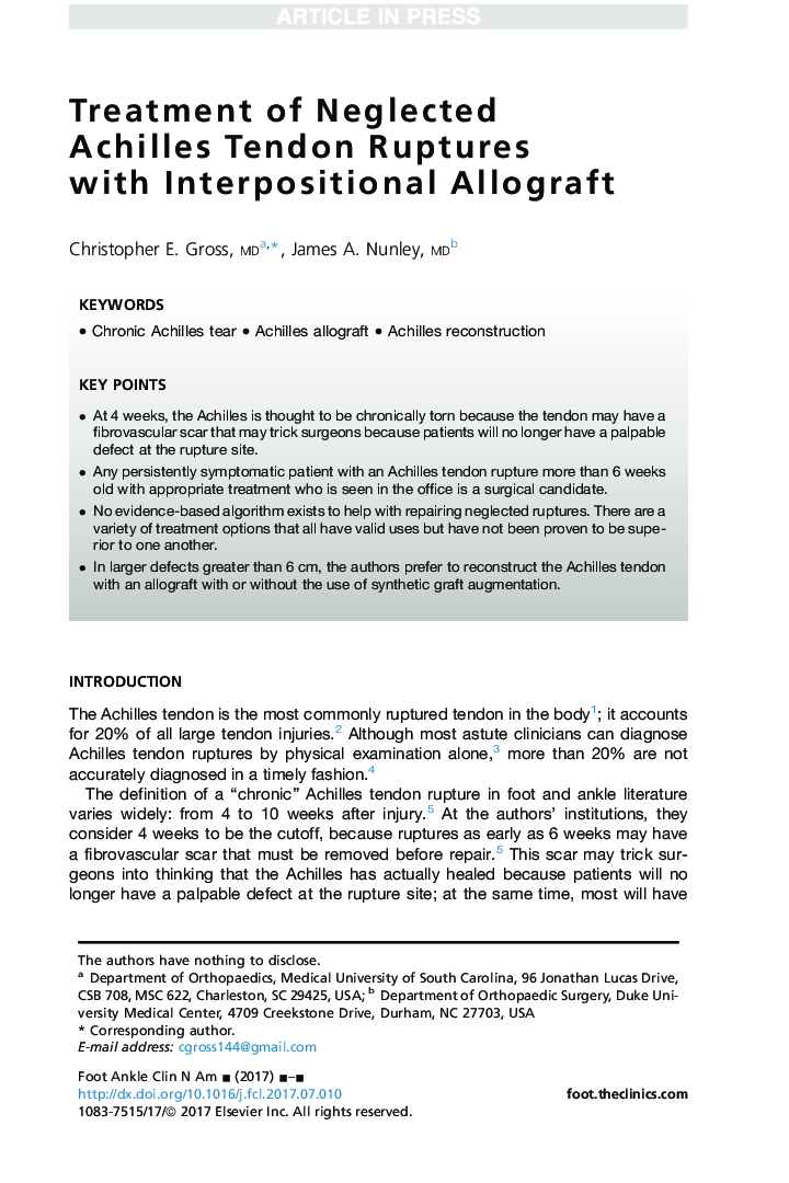 Treatment of Neglected Achilles Tendon Ruptures with Interpositional Allograft