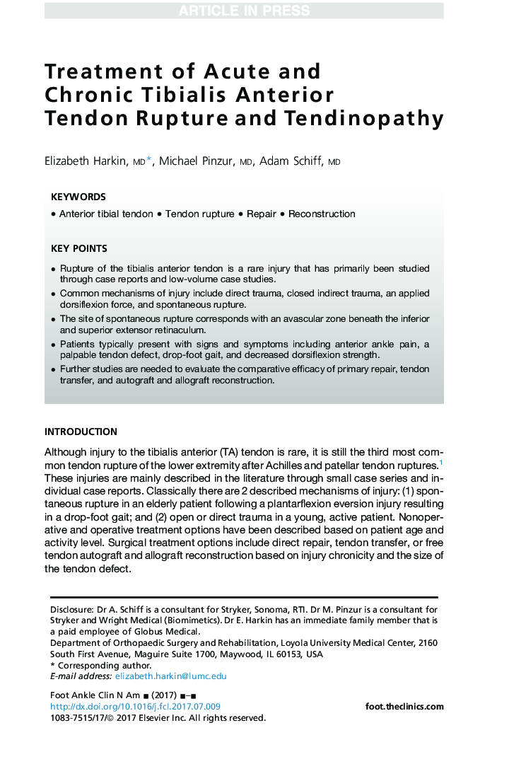 Treatment of Acute and Chronic Tibialis Anterior Tendon Rupture and Tendinopathy