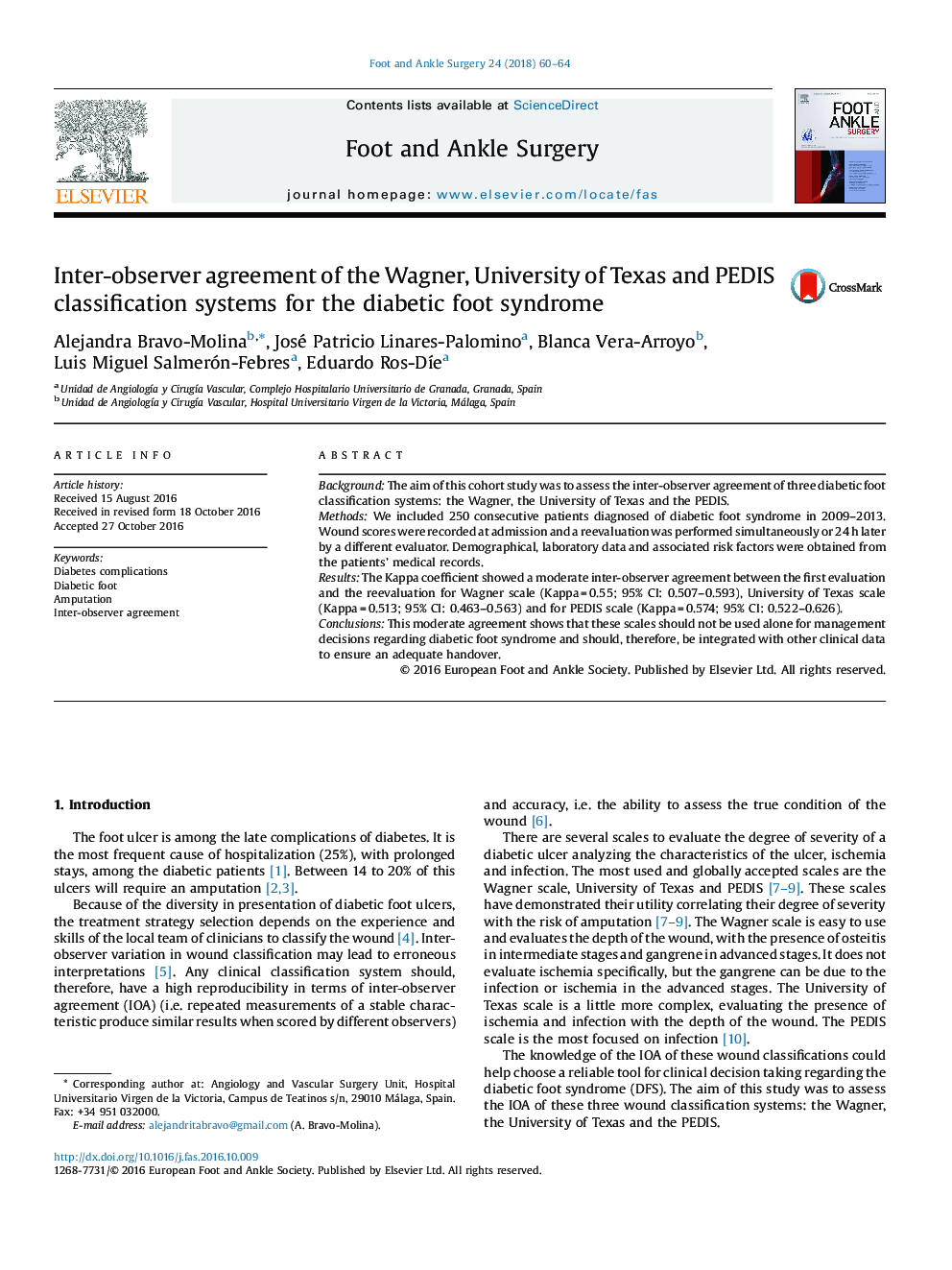 Inter-observer agreement of the Wagner, University of Texas and PEDIS classification systems for the diabetic foot syndrome