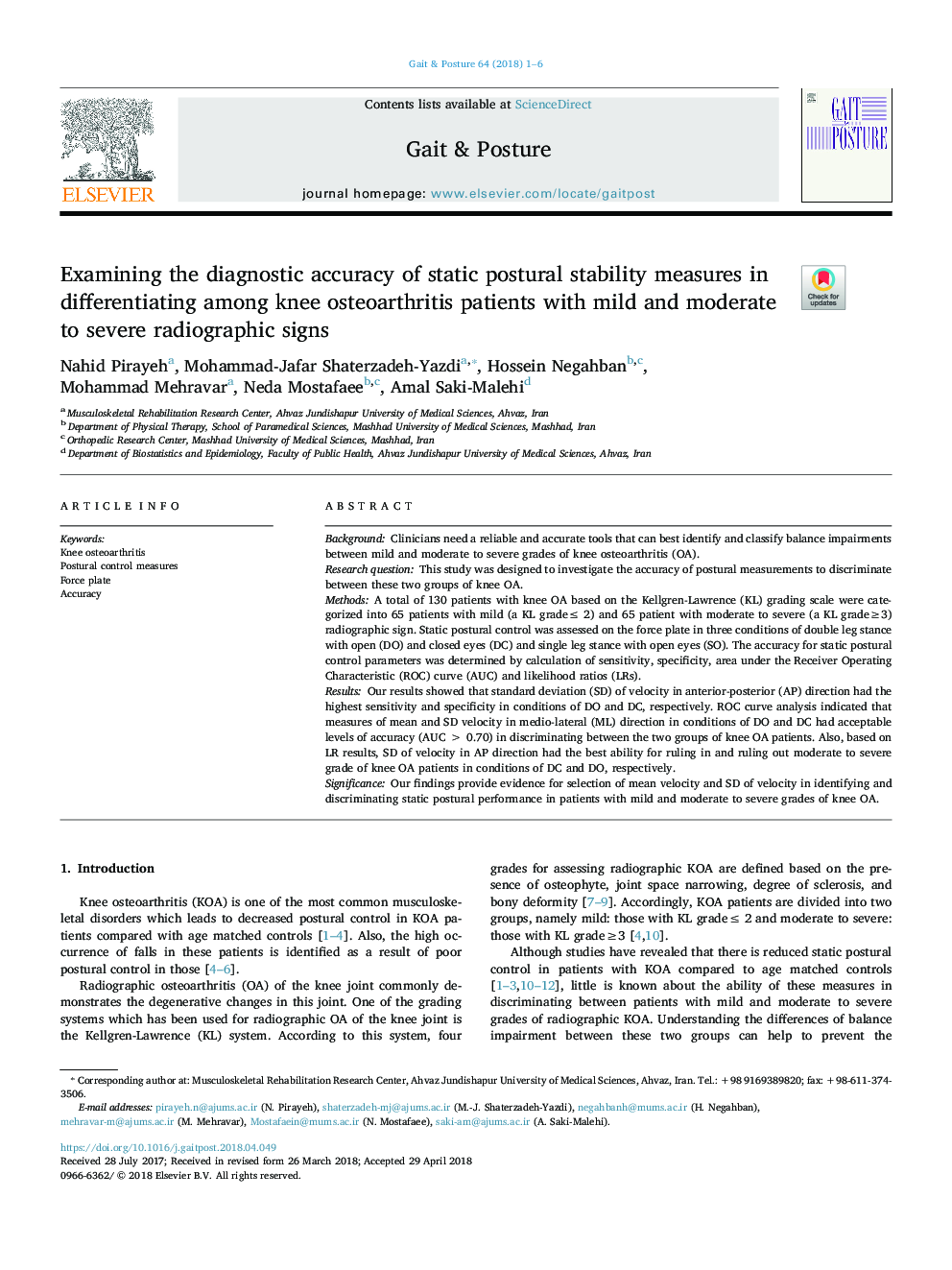 Examining the diagnostic accuracy of static postural stability measures in differentiating among knee osteoarthritis patients with mild and moderate to severe radiographic signs