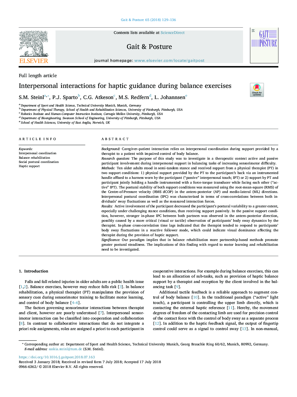 Interpersonal interactions for haptic guidance during balance exercises