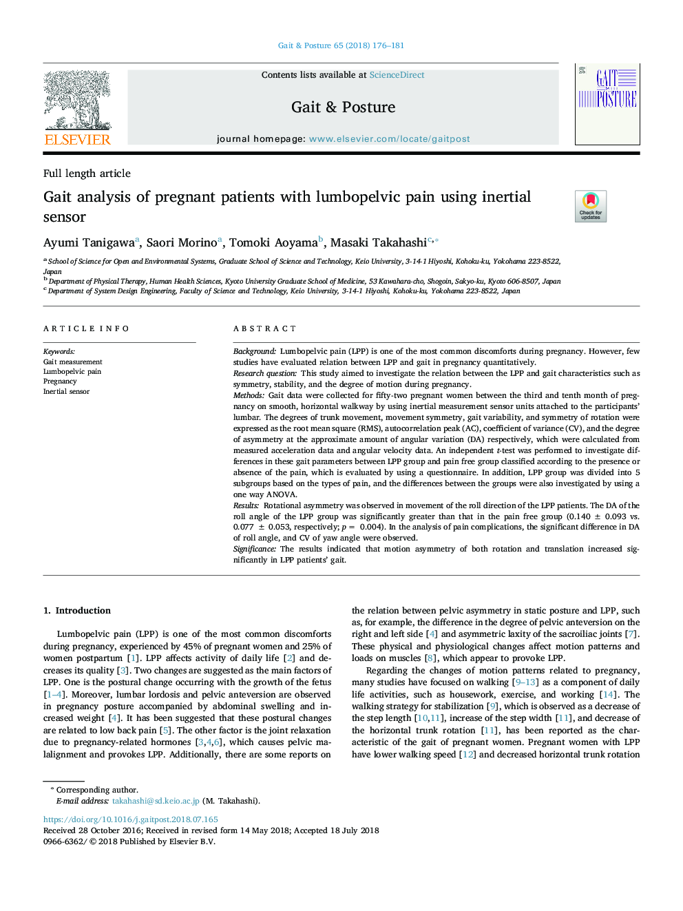 Gait analysis of pregnant patients with lumbopelvic pain using inertial sensor