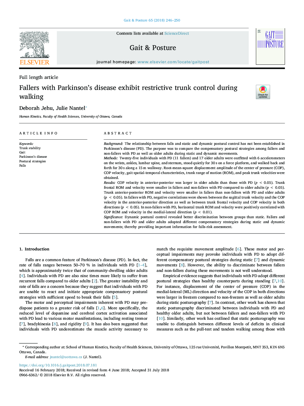 Fallers with Parkinson's disease exhibit restrictive trunk control during walking