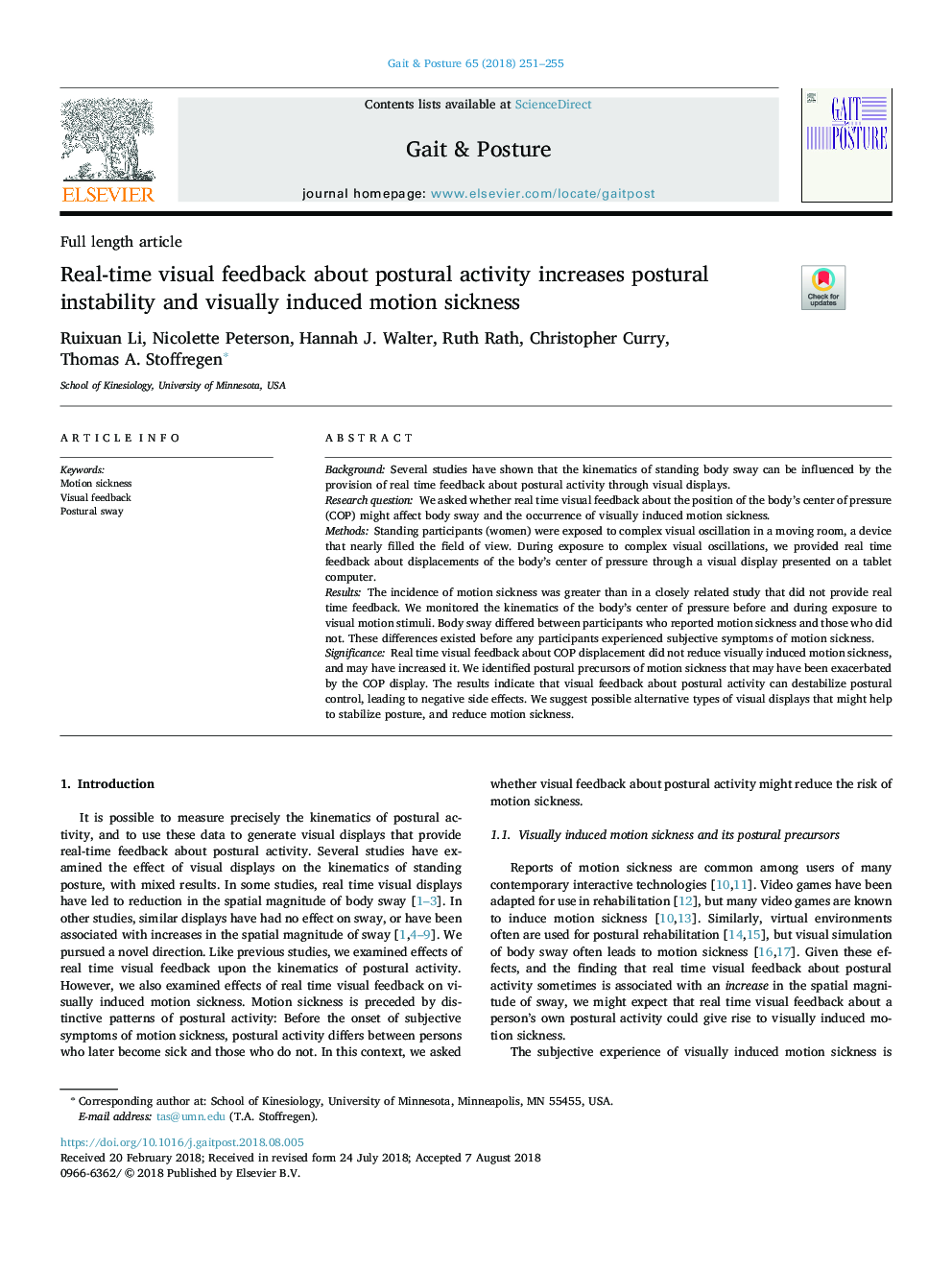 Real-time visual feedback about postural activity increases postural instability and visually induced motion sickness