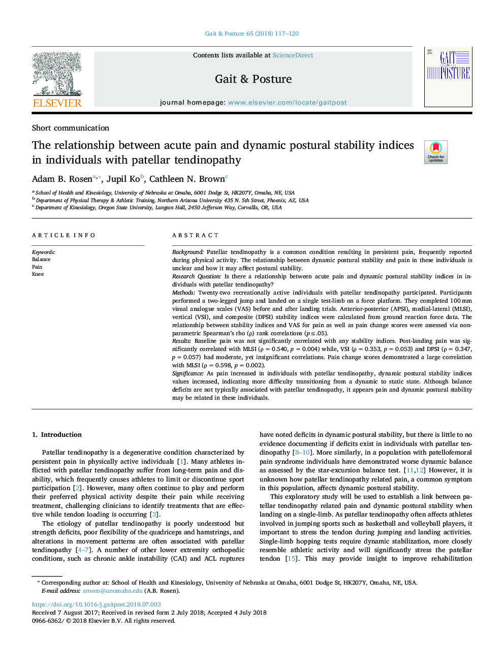 The relationship between acute pain and dynamic postural stability indices in individuals with patellar tendinopathy