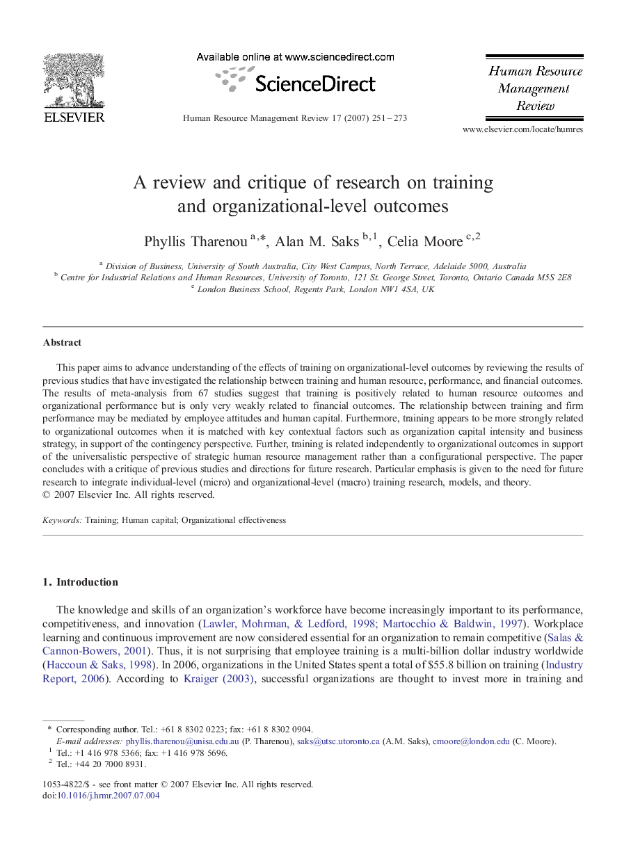 A review and critique of research on training and organizational-level outcomes