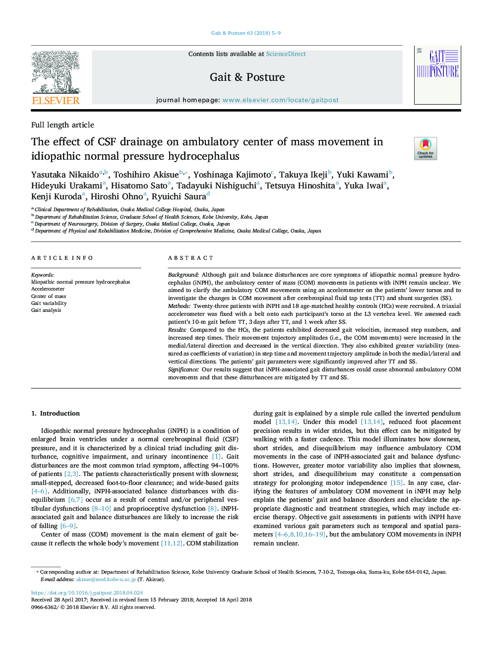 The effect of CSF drainage on ambulatory center of mass movement in idiopathic normal pressure hydrocephalus