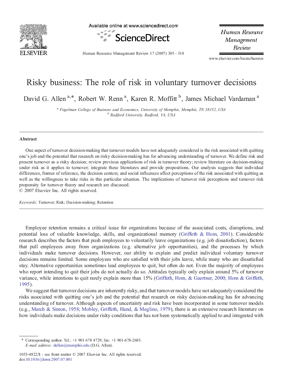 Risky business: The role of risk in voluntary turnover decisions