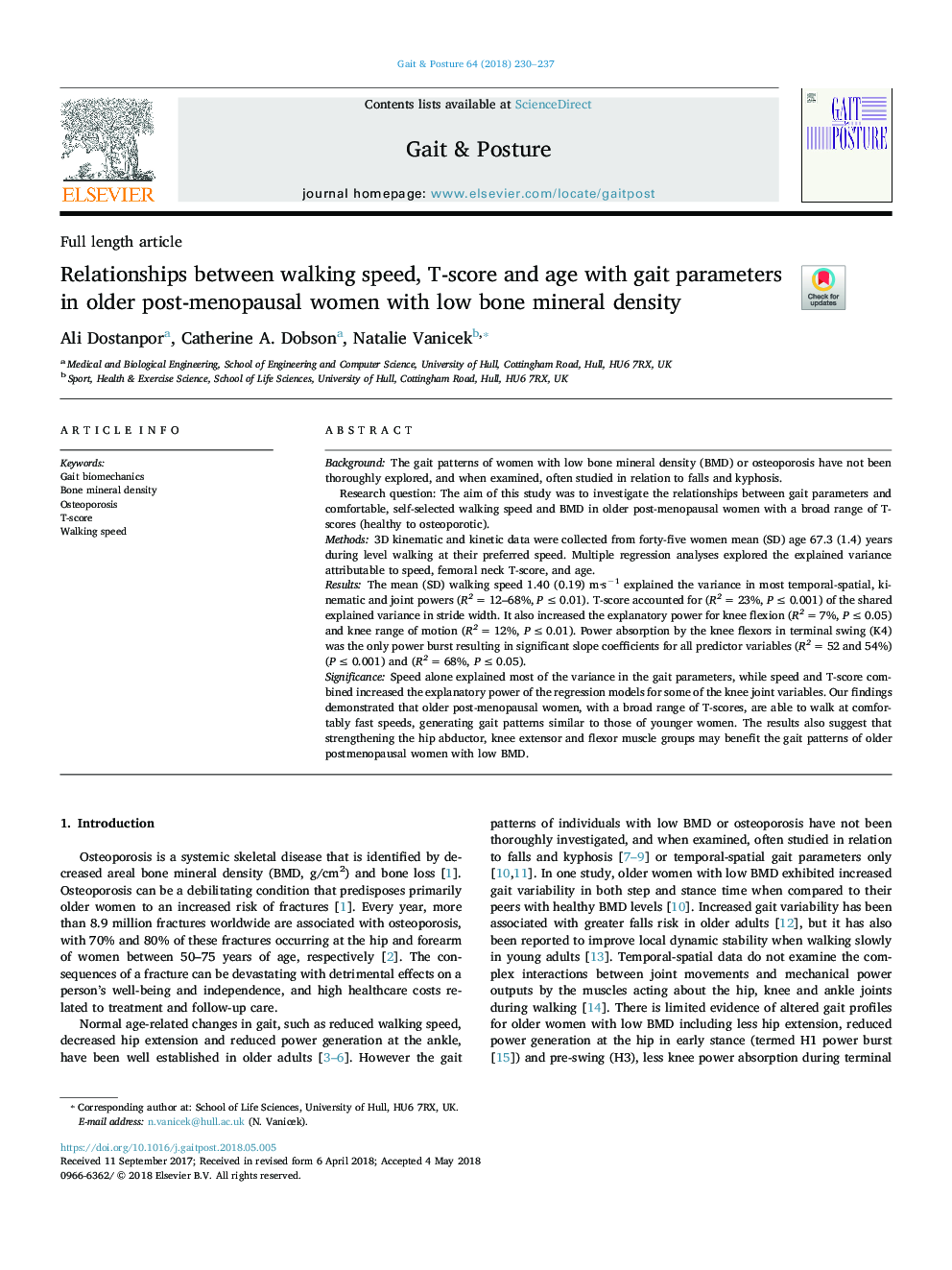 Relationships between walking speed, T-score and age with gait parameters in older post-menopausal women with low bone mineral density