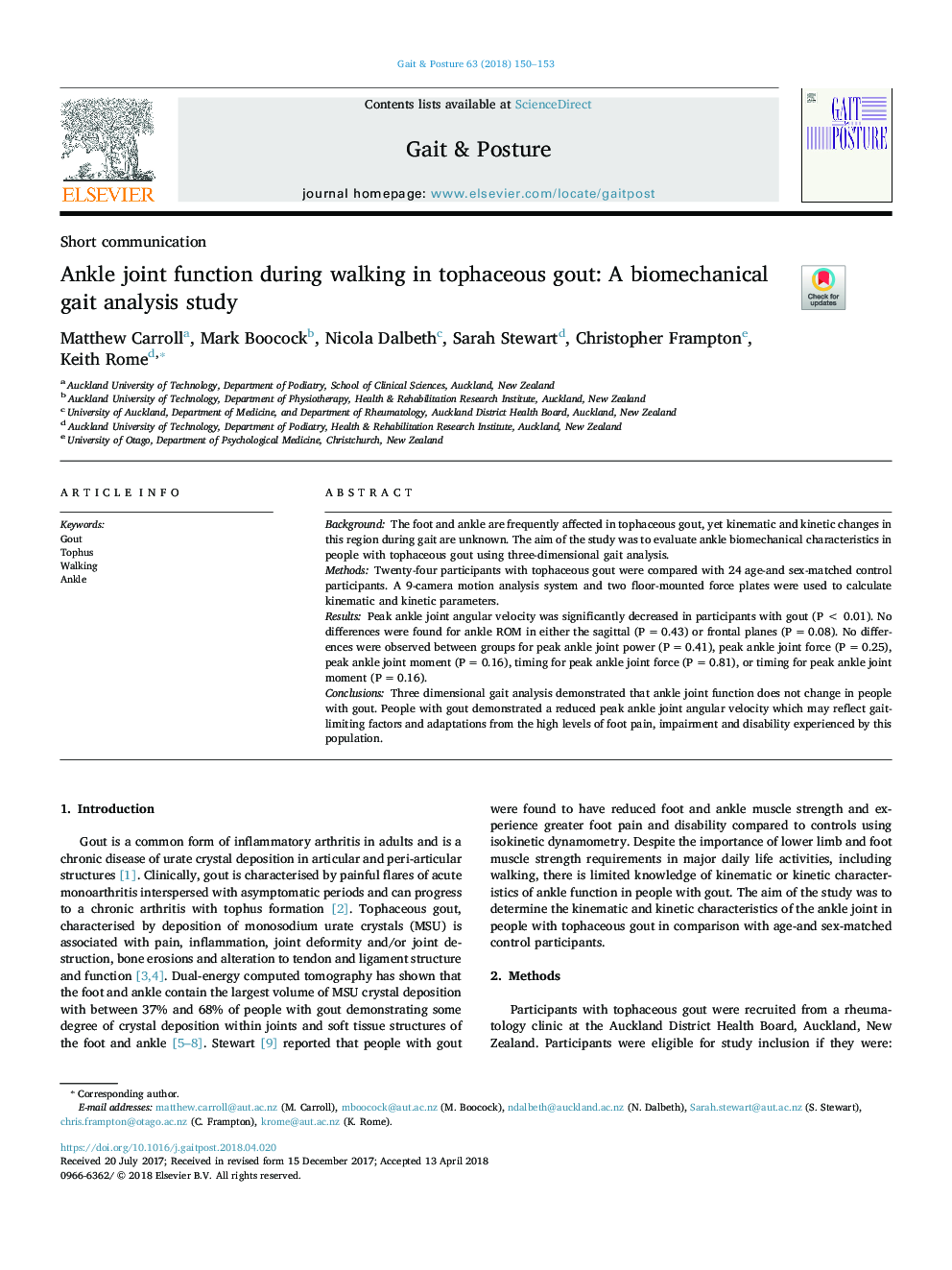 Ankle joint function during walking in tophaceous gout: A biomechanical gait analysis study