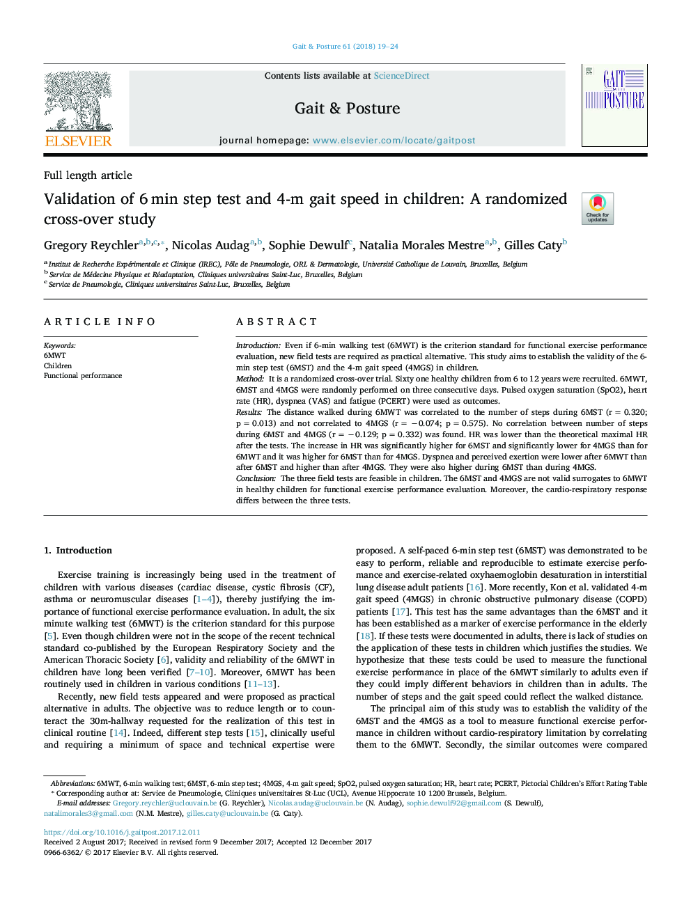 Validation of 6â¯min step test and 4-m gait speed in children: A randomized cross-over study