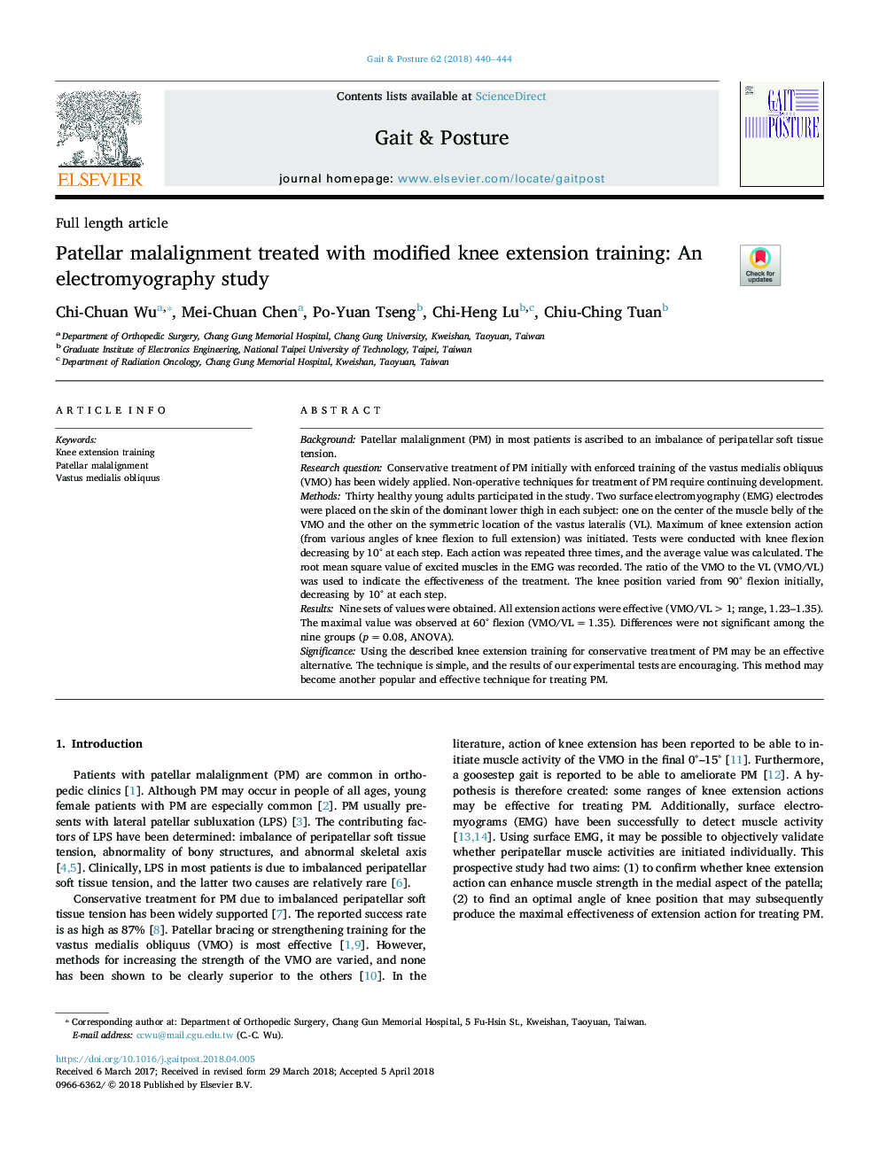 Patellar malalignment treated with modified knee extension training: An electromyography study