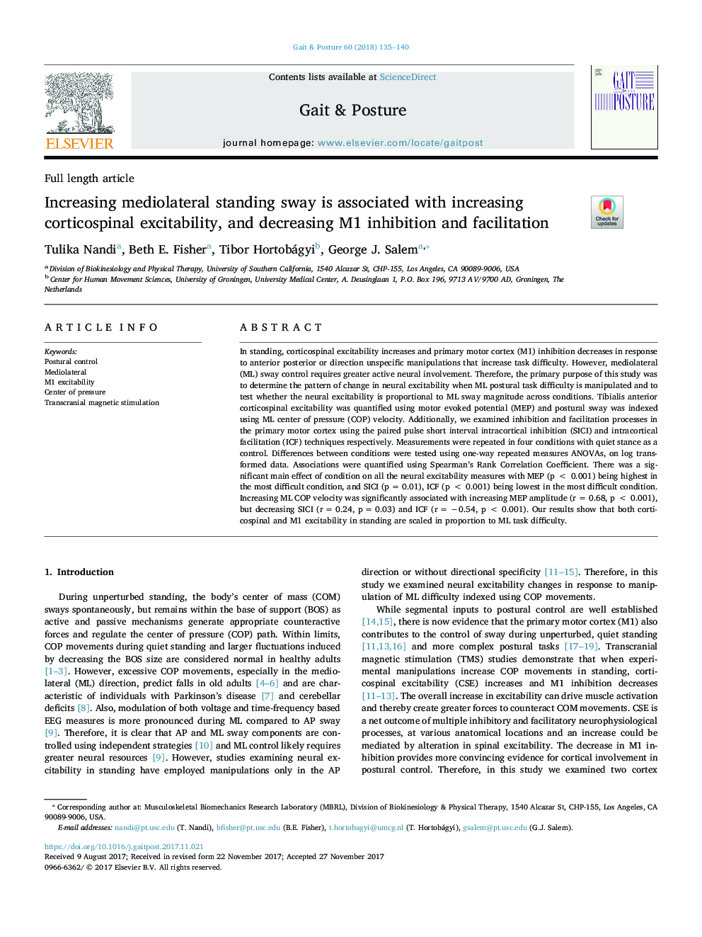 Increasing mediolateral standing sway is associated with increasing corticospinal excitability, and decreasing M1 inhibition and facilitation