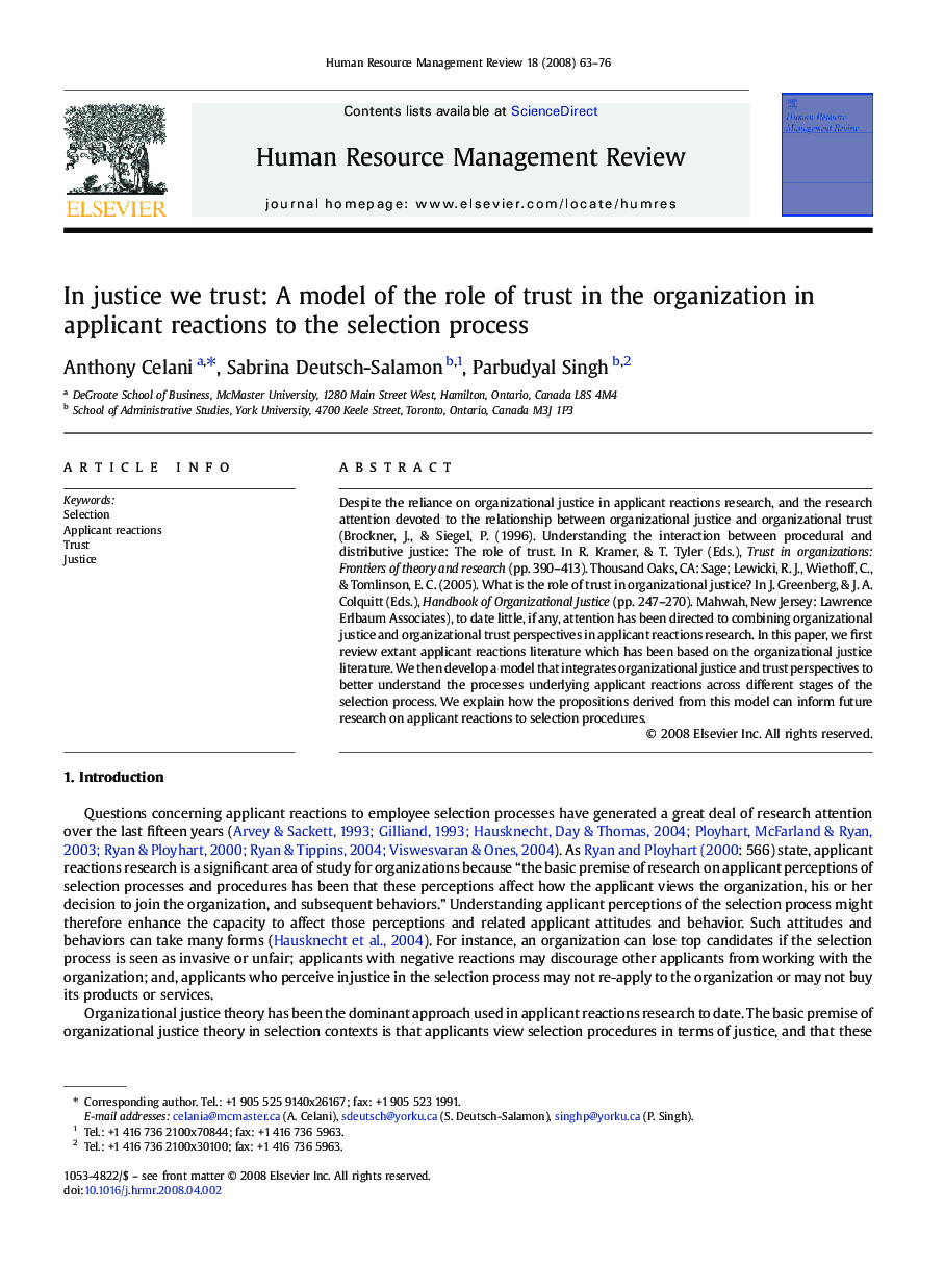 In justice we trust: A model of the role of trust in the organization in applicant reactions to the selection process