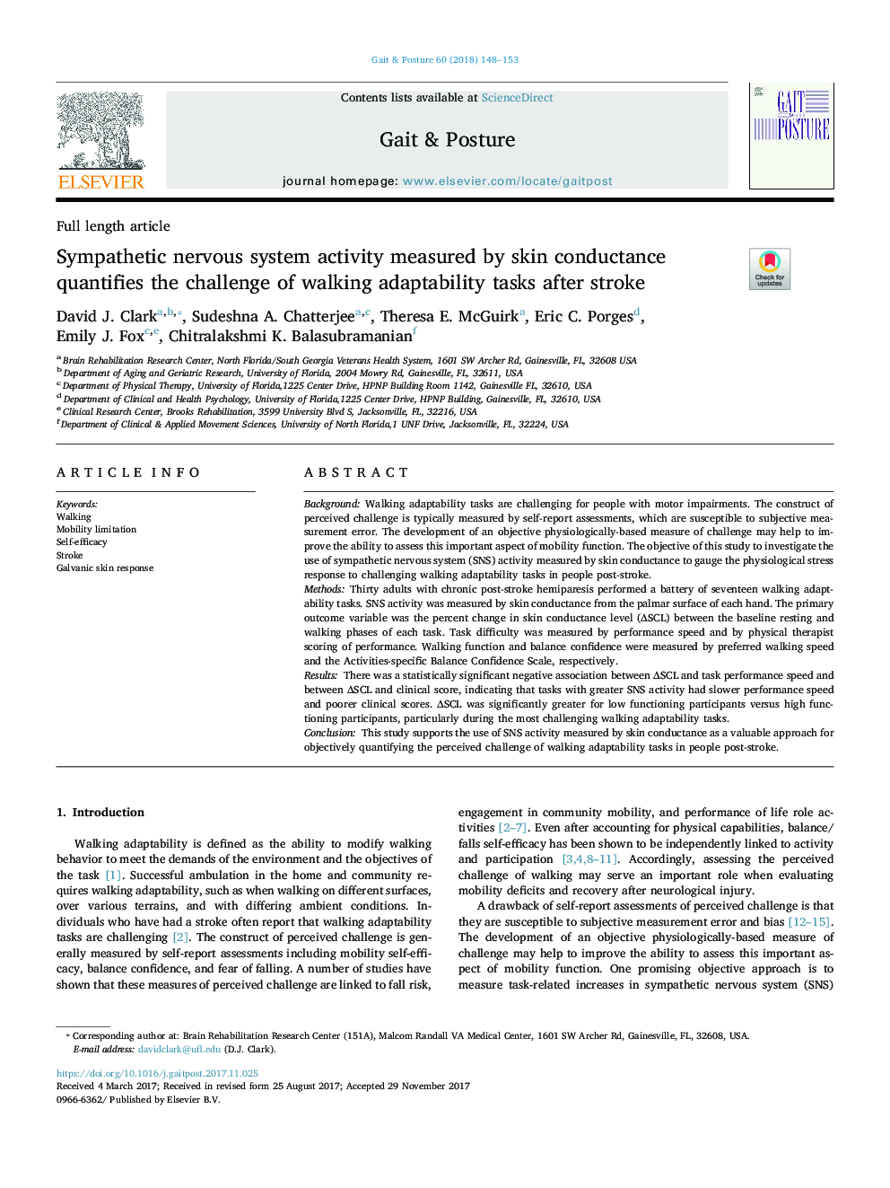 Sympathetic nervous system activity measured by skin conductance quantifies the challenge of walking adaptability tasks after stroke