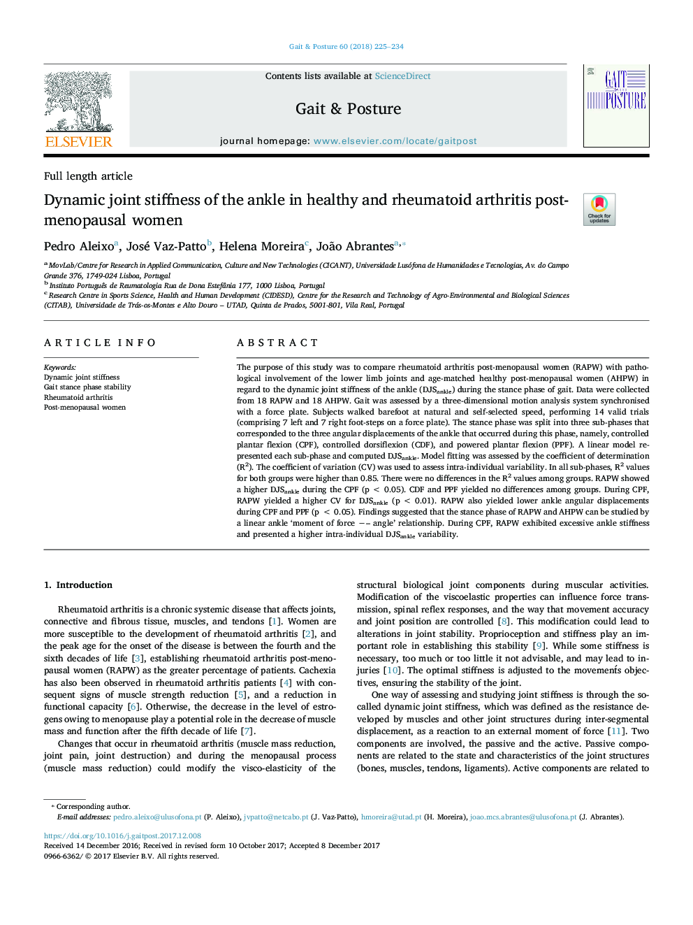 Dynamic joint stiffness of the ankle in healthy and rheumatoid arthritis post-menopausal women