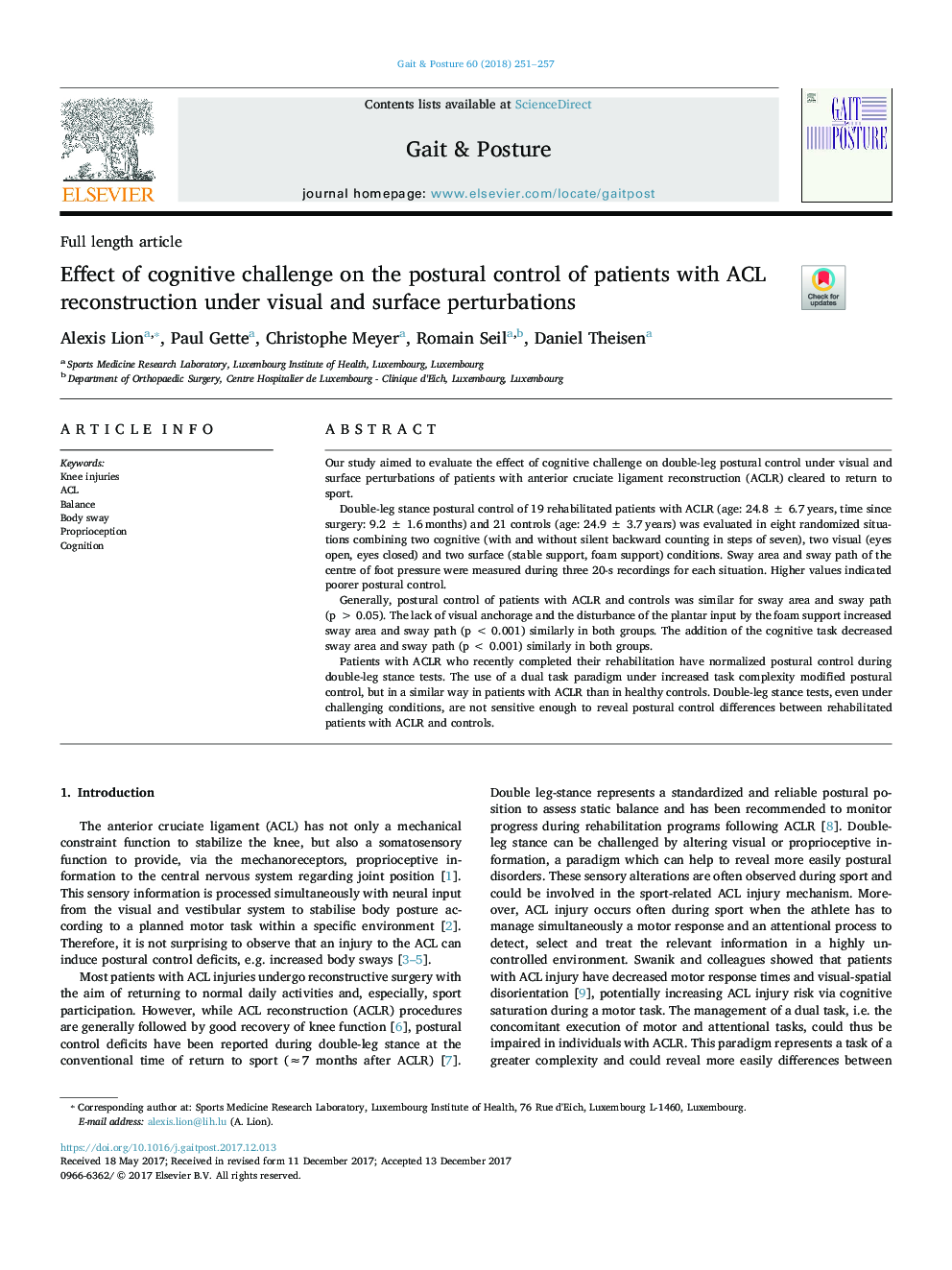 Effect of cognitive challenge on the postural control of patients with ACL reconstruction under visual and surface perturbations