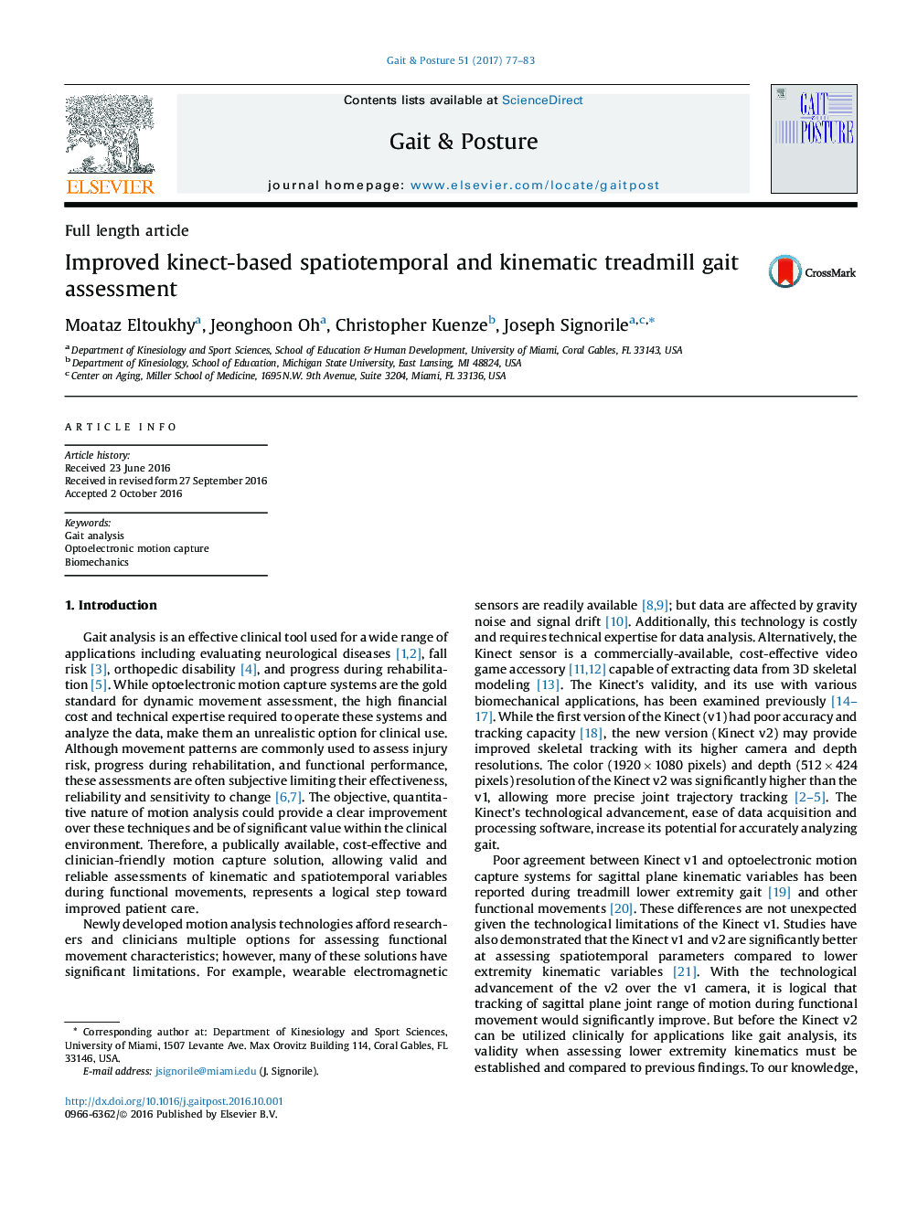 Improved kinect-based spatiotemporal and kinematic treadmill gait assessment