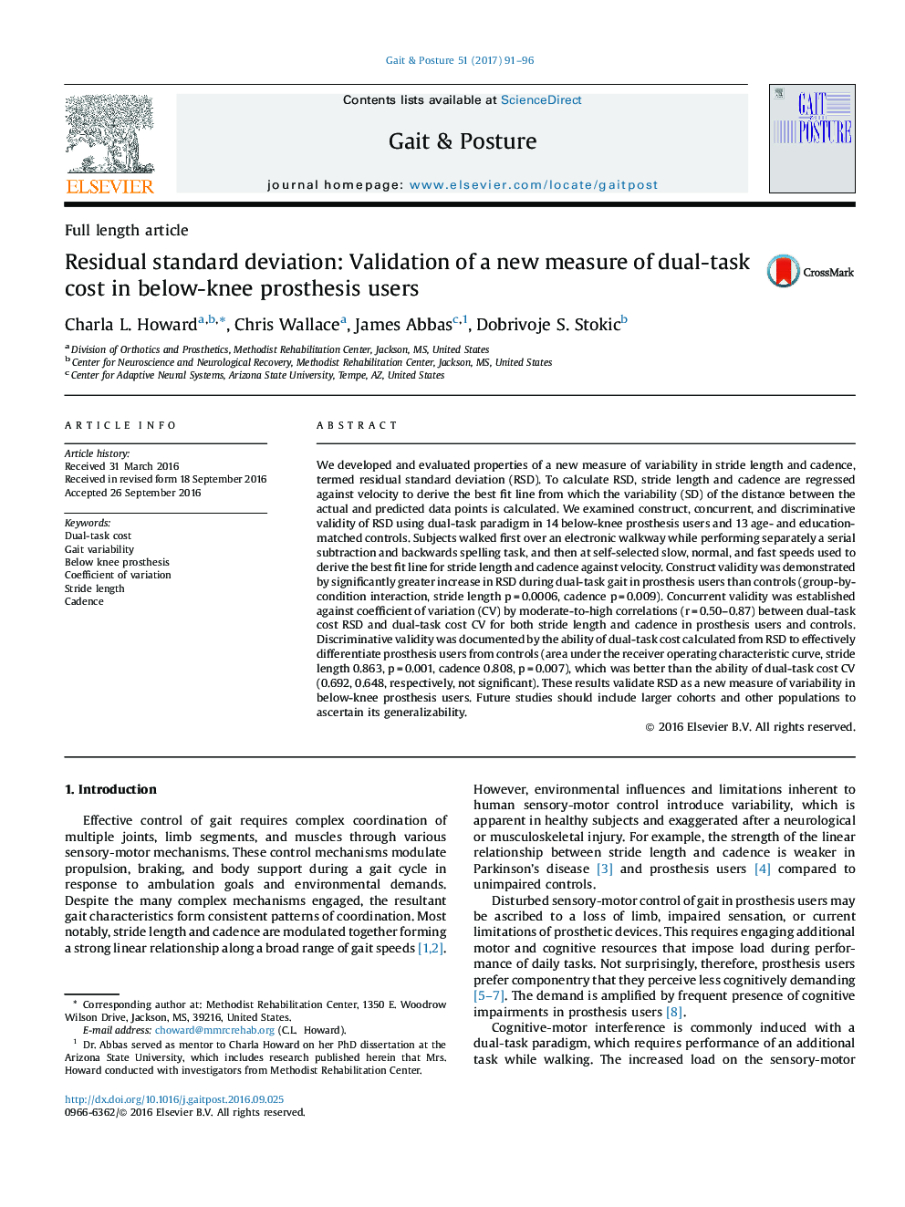 Residual standard deviation: Validation of a new measure of dual-task cost in below-knee prosthesis users