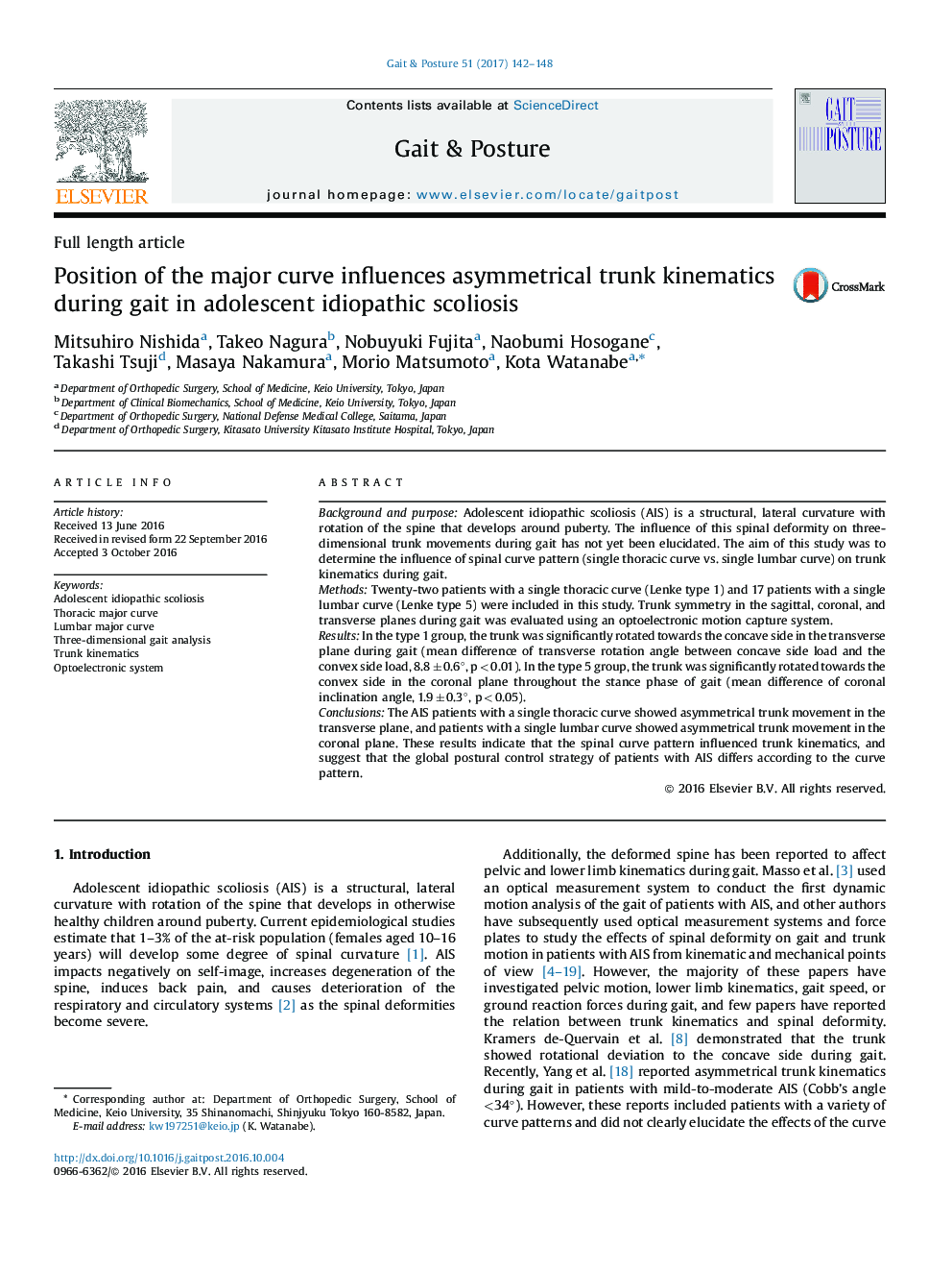 Position of the major curve influences asymmetrical trunk kinematics during gait in adolescent idiopathic scoliosis