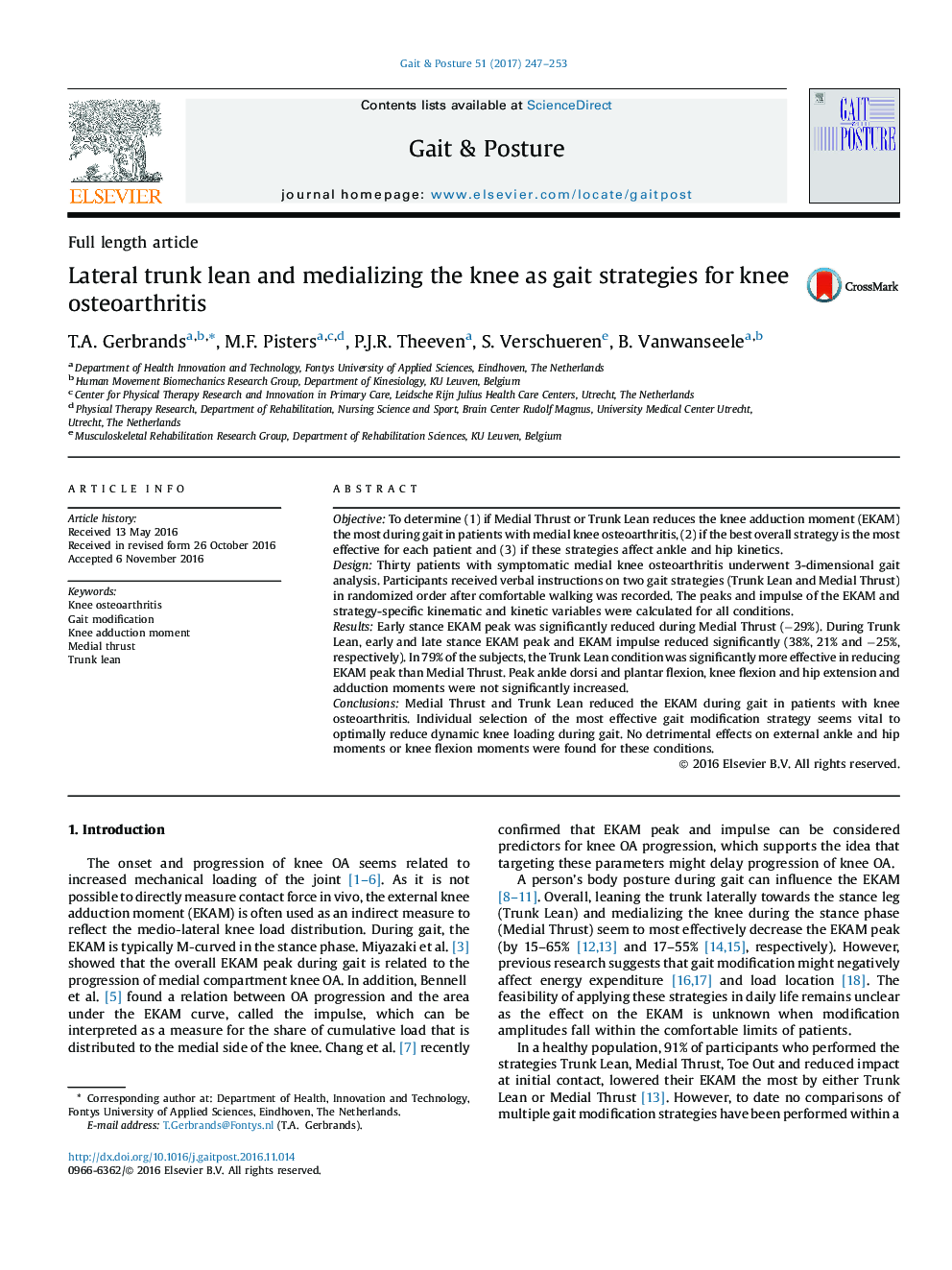 Lateral trunk lean and medializing the knee as gait strategies for knee osteoarthritis