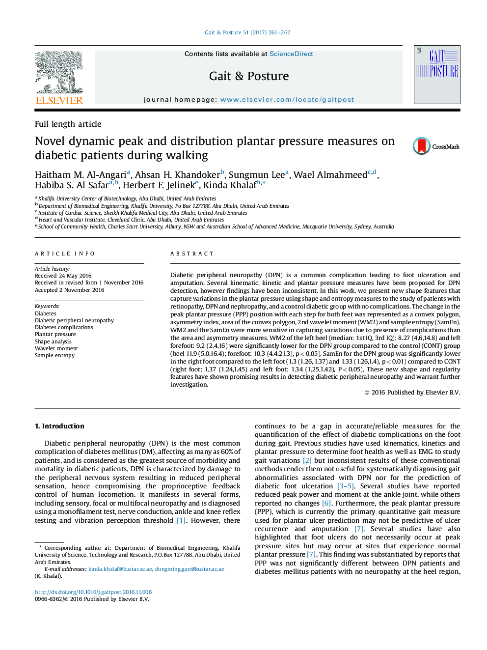 Novel dynamic peak and distribution plantar pressure measures on diabetic patients during walking