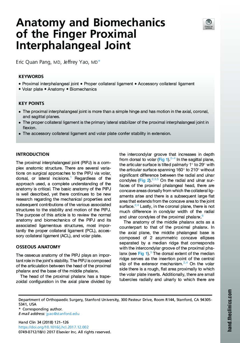 Anatomy and Biomechanics ofÂ the Finger Proximal Interphalangeal Joint