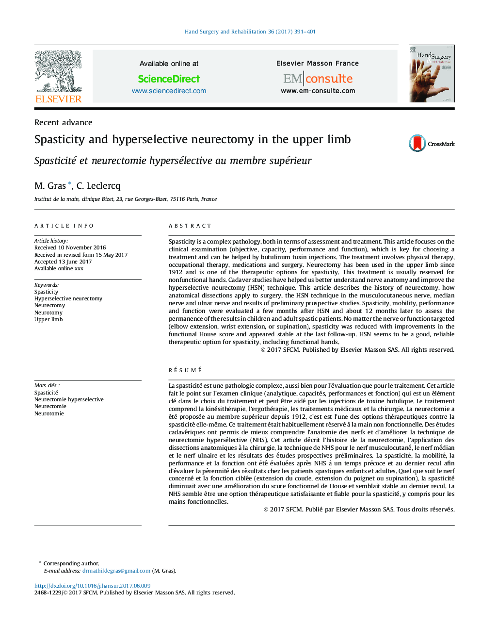 Spasticity and hyperselective neurectomy in the upper limb